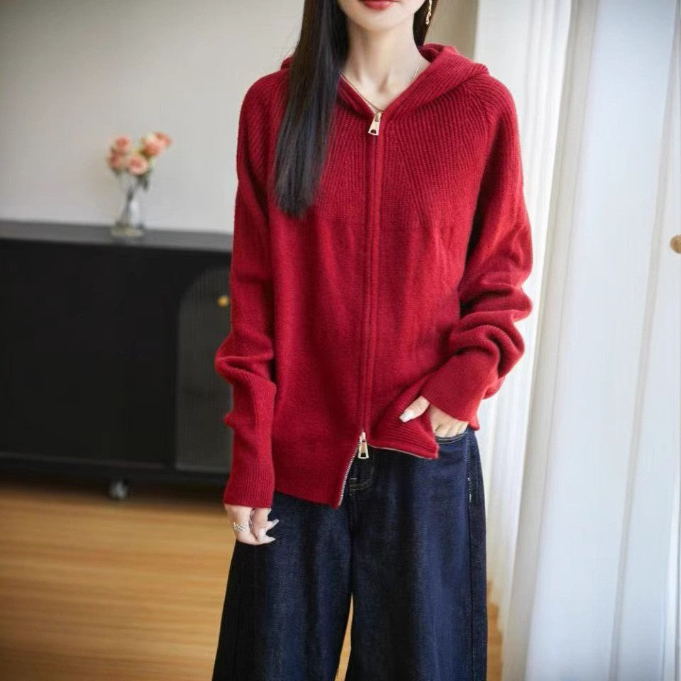 Damen Strickjacke mit Kapuze und Reißverschluss