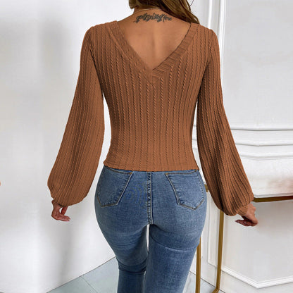 Damen Strickbody V-Ausschnitt Puffärmel Norvielle