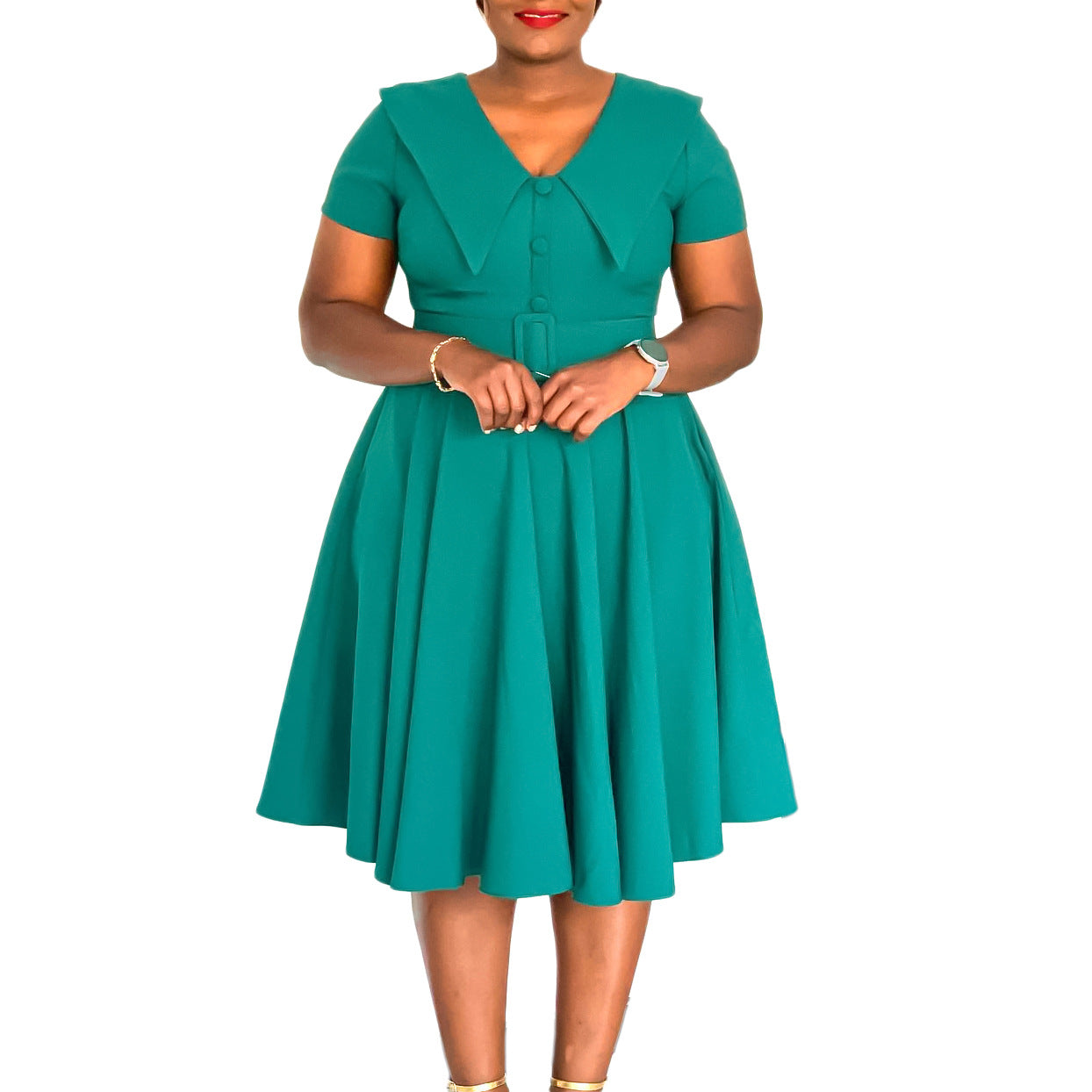 Damen A-Linien Kleid mit Kragen und Gürtel Norvielle
