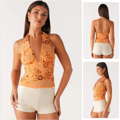 Damen Haltertop Florales Design Schimmernde Applikationen - Norvielle
