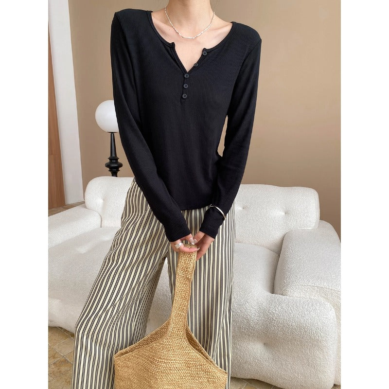 Damen Langarm-Henley-Shirt Weiches Rippmaterial Beige
