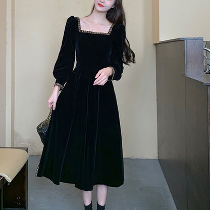 Damen Samt Midi Kleid Quadratischer Ausschnitt Puffärmel