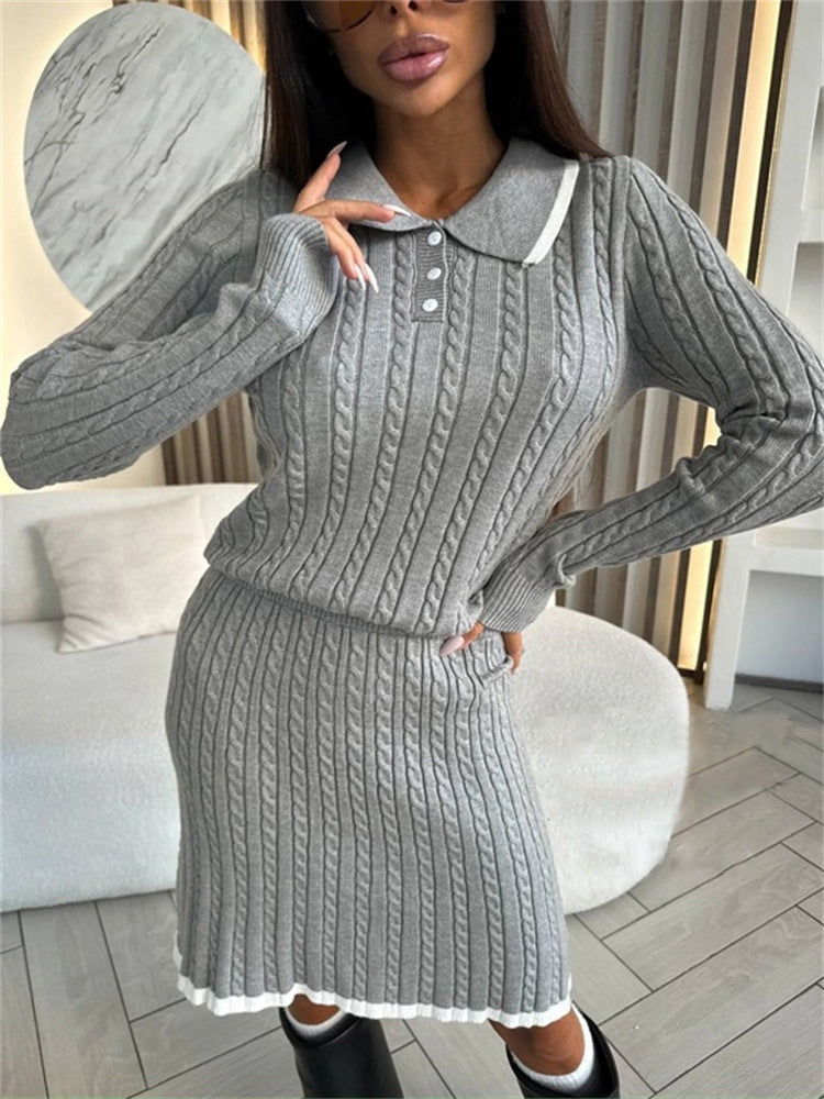 Damen Strickkleid Polo-Kragen Zopfmuster Norvielle
