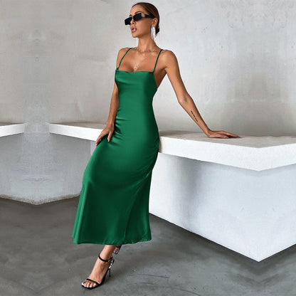 Damen Satin Maxikleid Spaghetti-Träger Fließender Schnitt