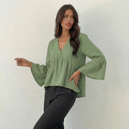 Damen Bluse Weite Ärmel Knopf Detail Norvielle