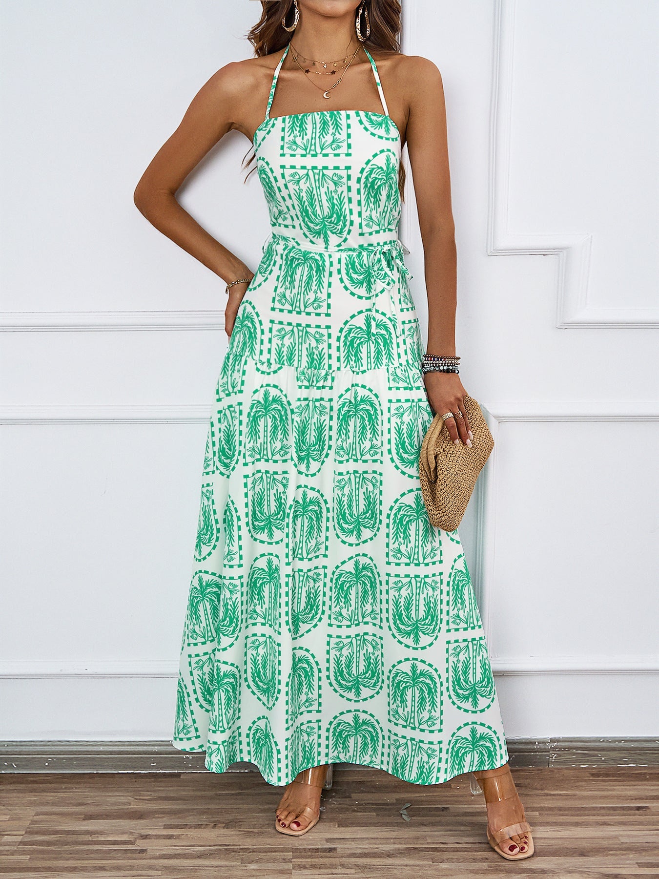 Damen Maxikleid Grafischer Druck Verstellbarer Hals