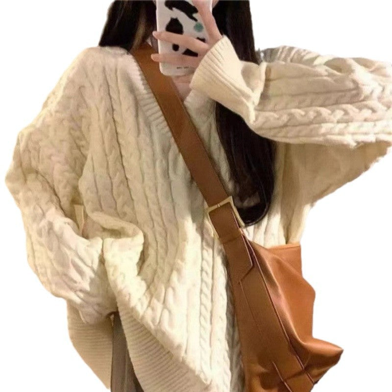 Damen Grobstrickpullover V-Ausschnitt Voluminöse Ärmel Norvielle
