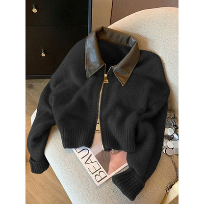 Damen Strickjacke Lederkragen Norvielle