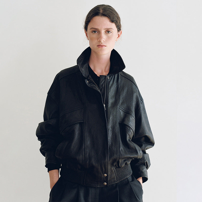 Damen Lederjacke Lässig Mit Taschen Schwarz - Norvielle
