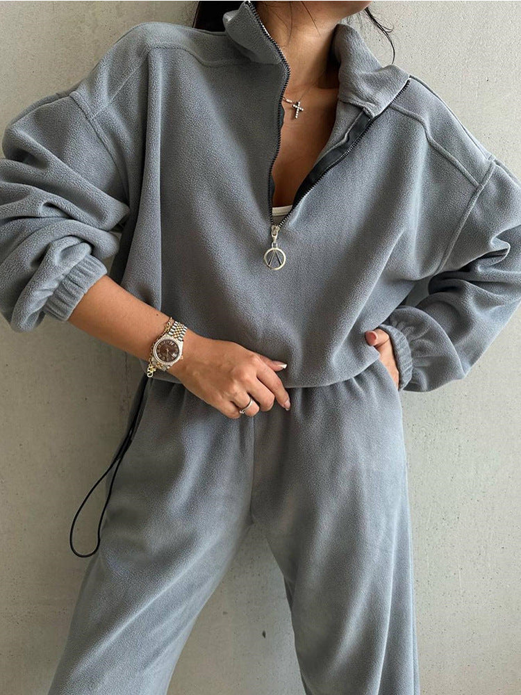 Damen Fleece-Loungewear-Set Elastischer Bund Halbzipper Beige