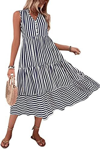 Damen Midikleid Gestreift Knopfleiste Norvielle