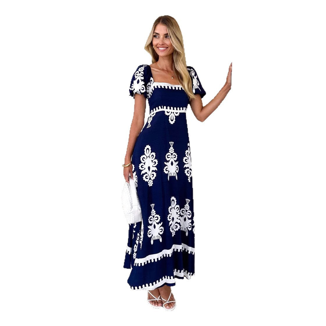 Damen Maxikleid Puffärmel Grafisches Muster Norvielle