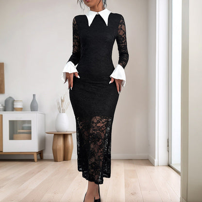 Damen Spitzenkleid Dekorativer Kragen Transparent Ärmel