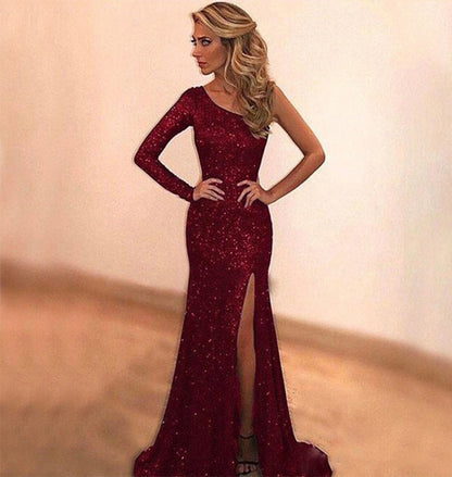 Damen Abendkleid Glitzer Asymmetrisch Hoch Beinschlitz