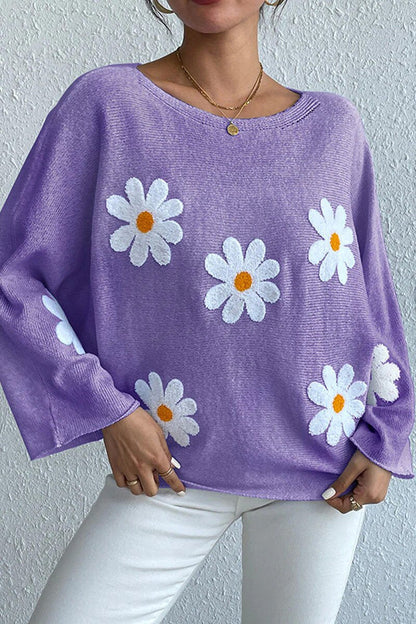 Damen Strickpullover Blumendesign Weit Norvielle