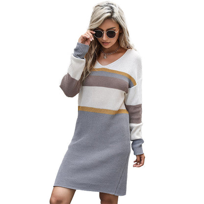 Damen Off-Shoulder Strickkleid Breite Streifen