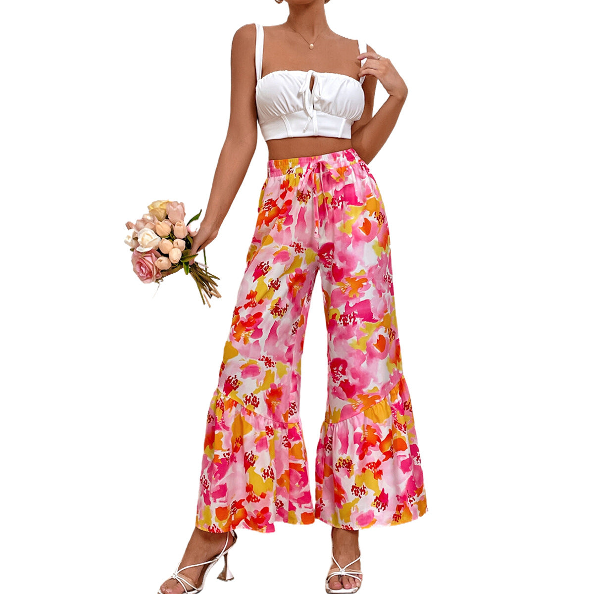 Damen Palazzo-Hose bunt Blumenmuster Rüschendetails