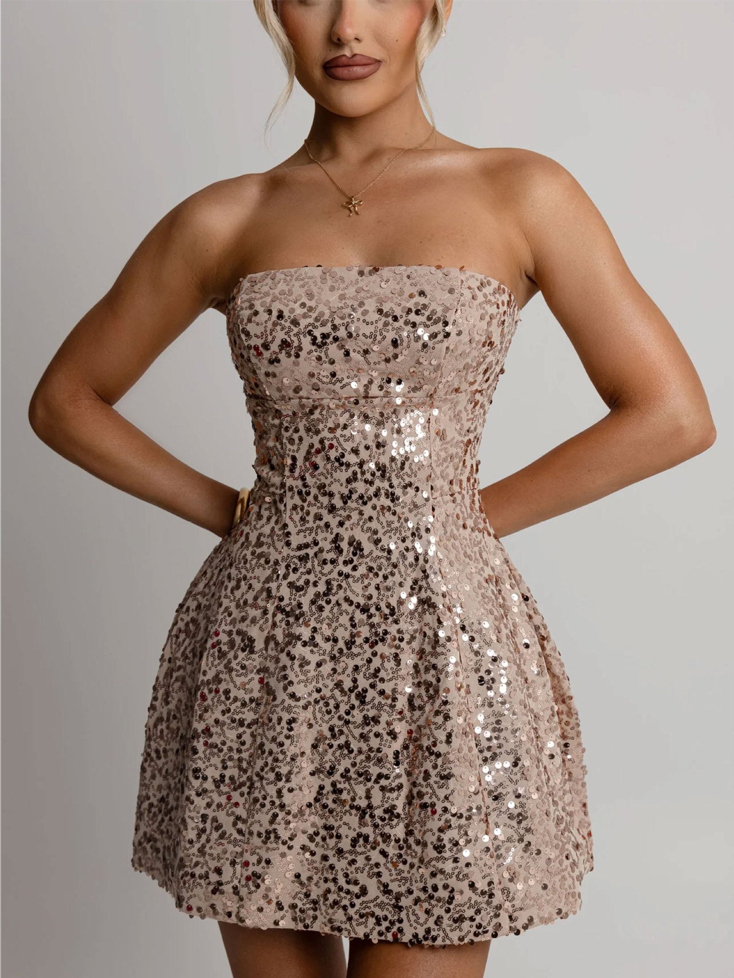 Damen Cocktailkleid Pailletten Schulterfrei Norvielle