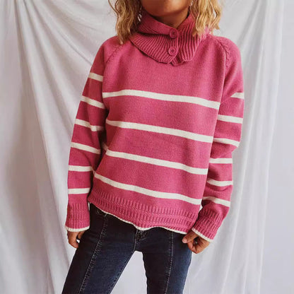 Damen Strickpullover Gestreift Mit Kragen