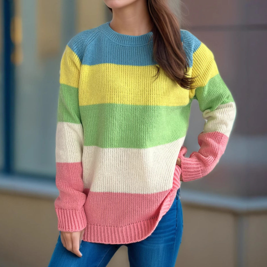 Damen Strickpullover Gestreift Bunt Lässiger Schnitt