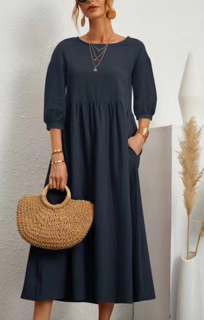 Damen Midi-Kleid Ballonärmel Praktische Taschen Norvielle