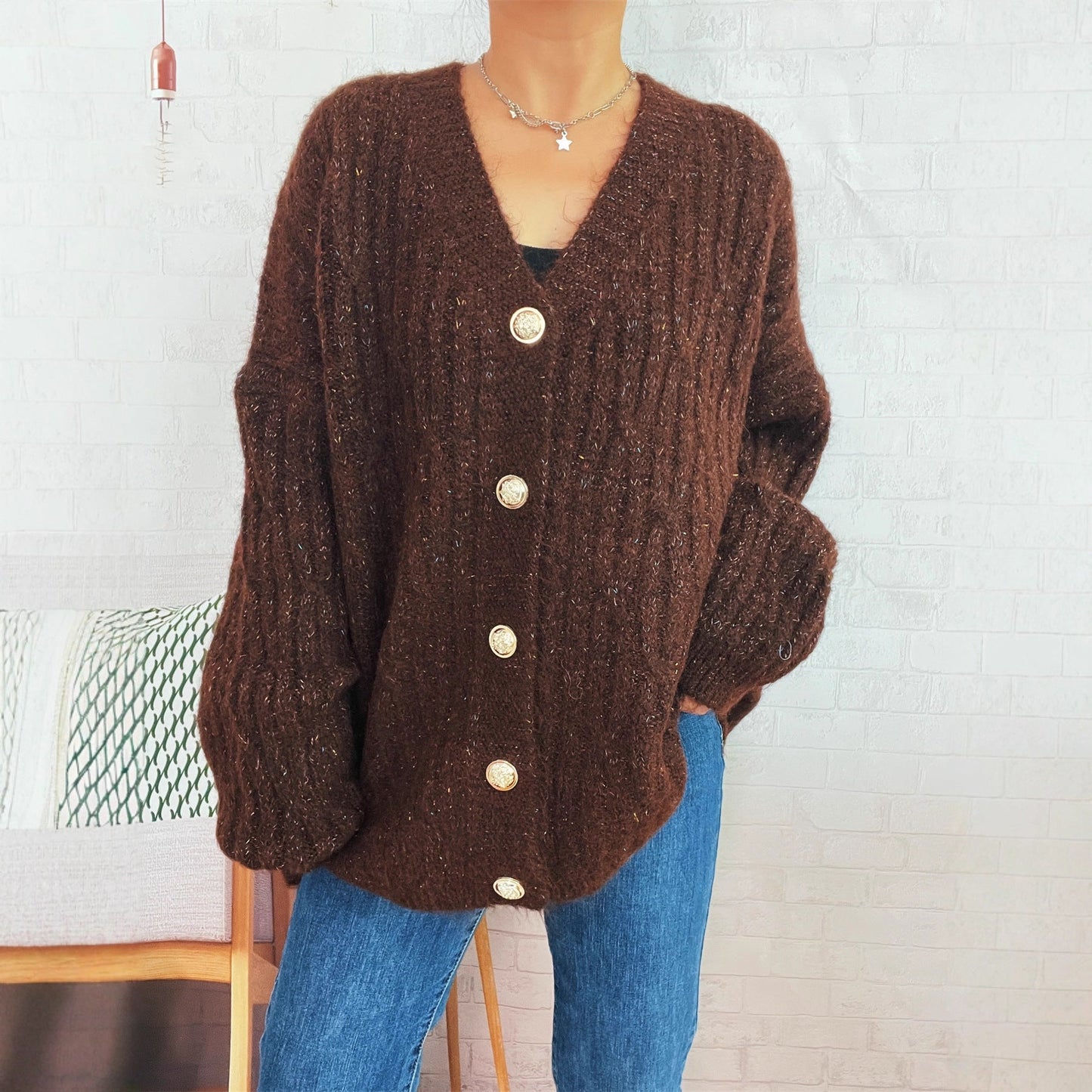 Damen Oversized Strickjacke Weiches Material Beige - Norvielle