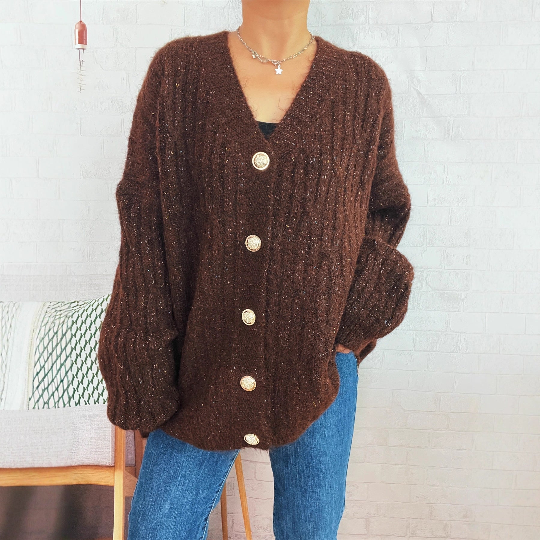 Damen Oversized Strickjacke Weiches Material Beige - Norvielle