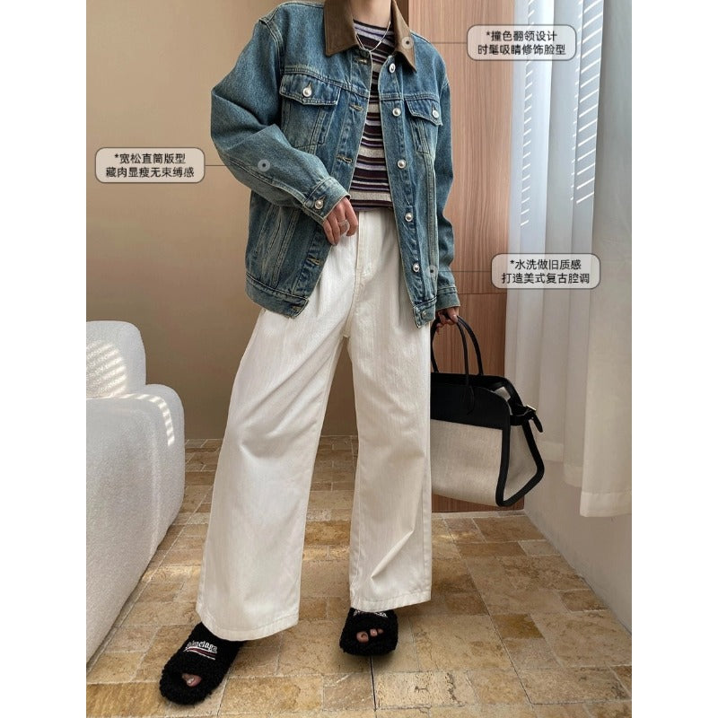 Damen Jeansjacke Lässiger Schnitt Kontrastkragen