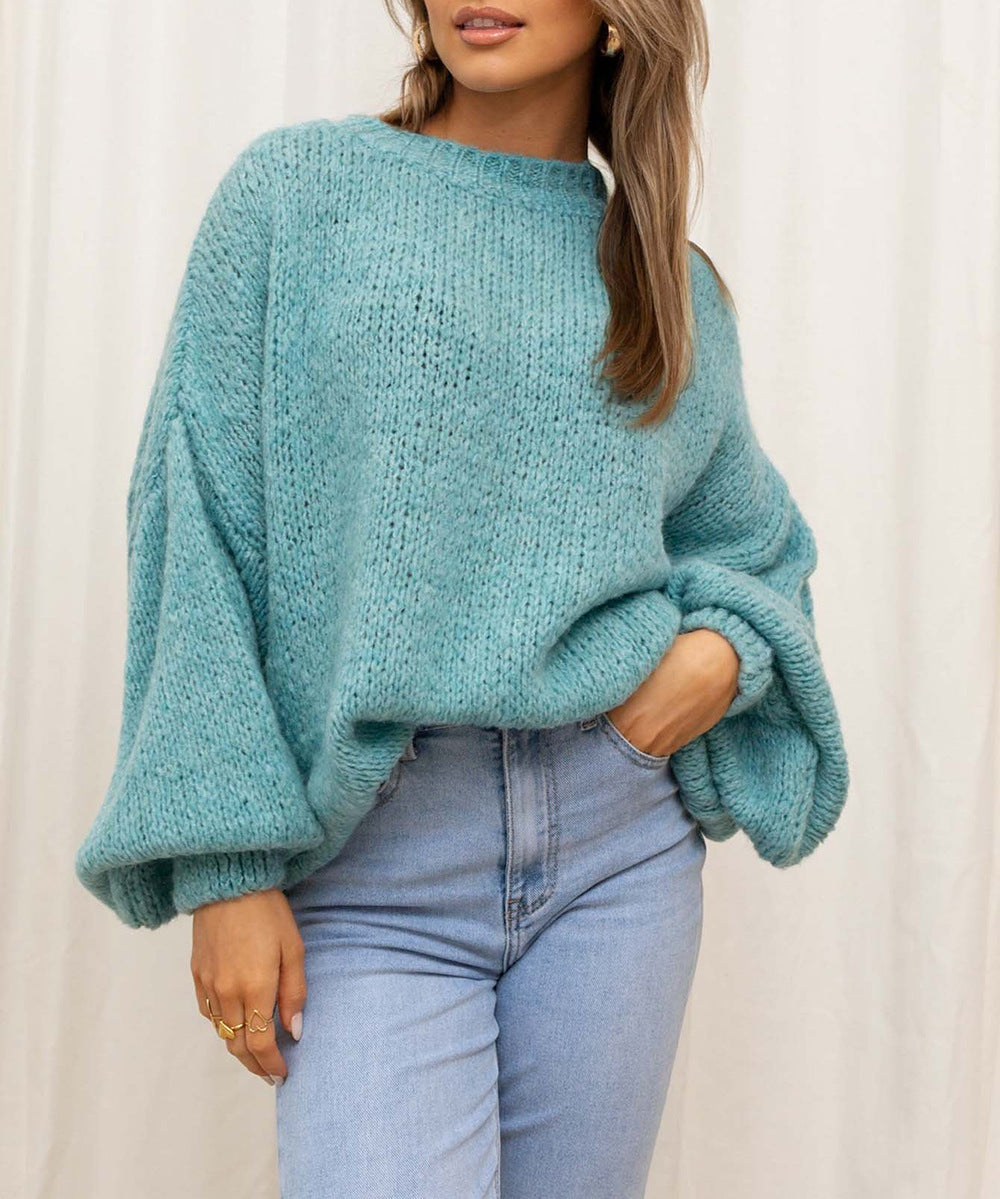 Damen Grobstrickpullover Übergroße Puffärmel Hochgeschlossener Kragen
