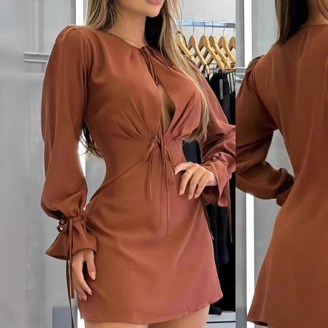 Damen Minikleid Raffiniertes Kordelzug Puffärmel Norvielle