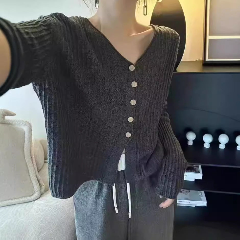 Damen Strickjacke V-Ausschnitt Dekorative Knöpfe Norvielle