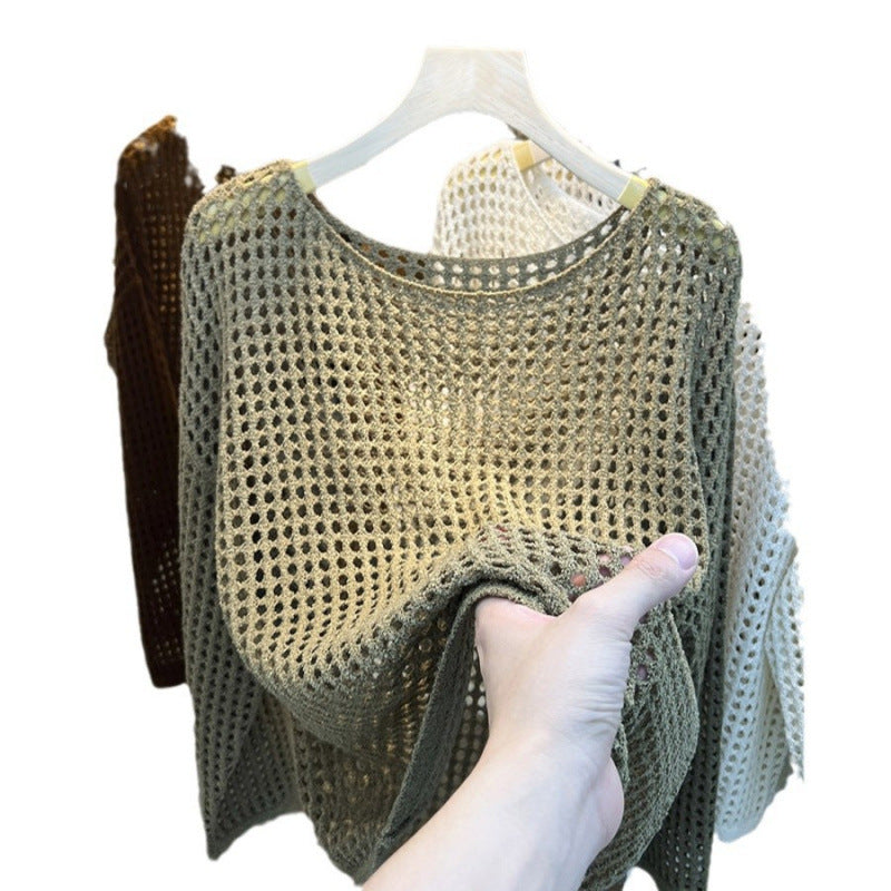 Damen Strickpullover Grobmasches Netzdesign Beige