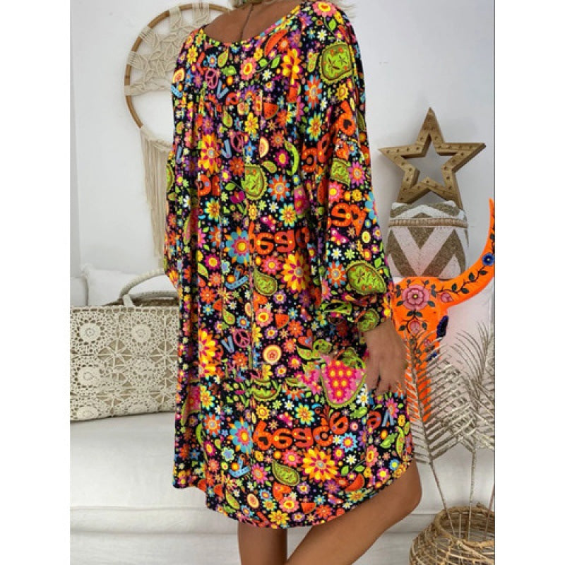 Damen Freizeitkleid Blumenmuster V-Ausschnitt Norvielle