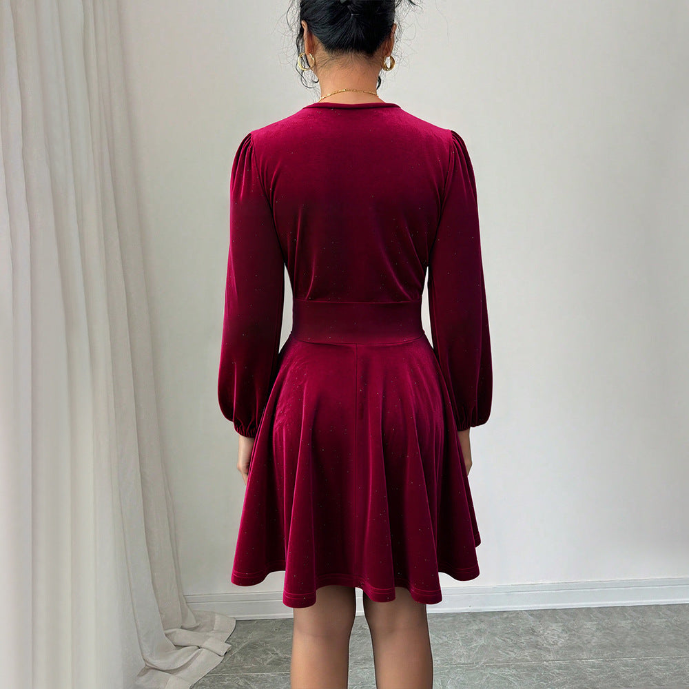 Damen Kleid Kurzarm Puffärmel V-Ausschnitt Norvielle