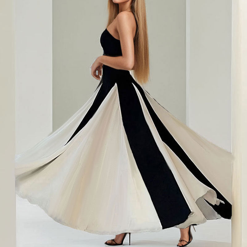 Damen Abendkleid Trägerlos Eleganter Farbkontrast