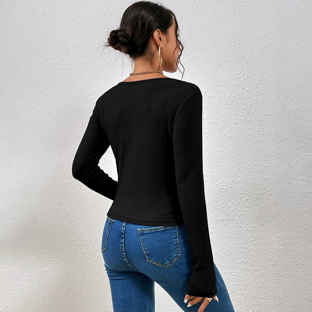 Damen Langarmshirt Modischer Kreuz-Ausschnitt Baumwolle Weiß