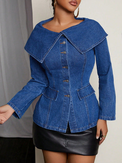 Damen Denim Blazerjacke Weiter Kragen Praktische Taschen