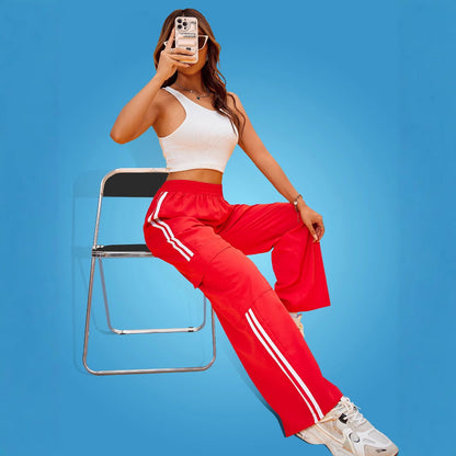 Damen Sporthose Weite Fit Seitliche Streifen Cargo Taschen
