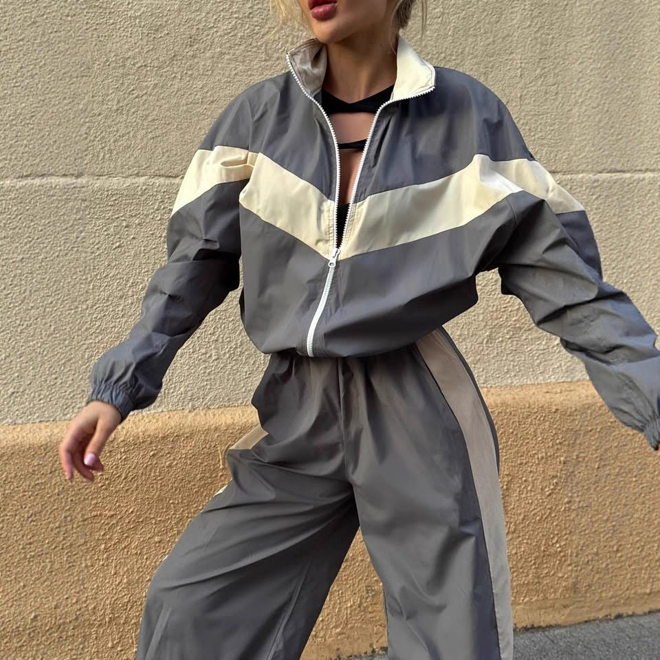 Damen Windbreaker Sportlich Hochkragen Kontraststreifen