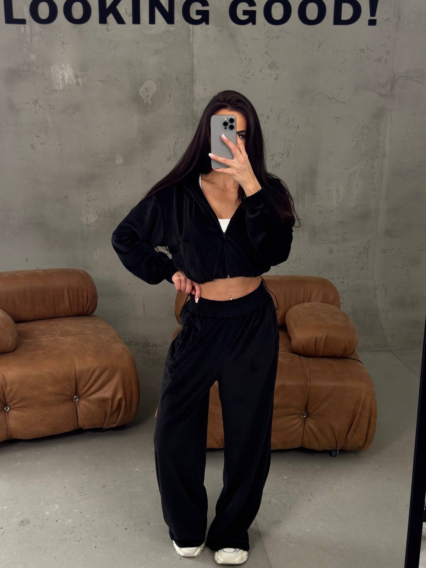 Damen Velours Jogginganzug Kurzärmelig Weite Beine