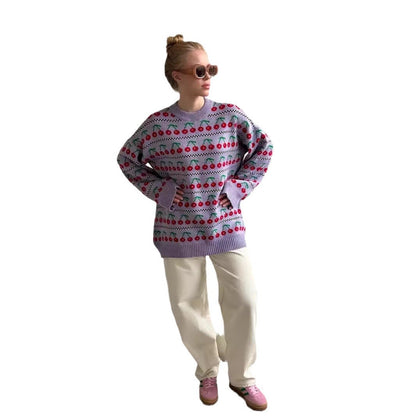 Damen Strickpullover Kirschmotiv Norvielle