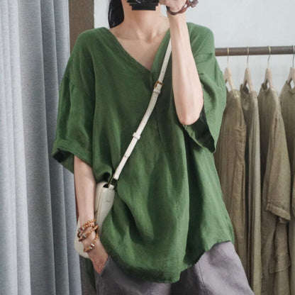 Damen Leinen-T-Shirt Oversized V-Ausschnitt Lässig Beige
