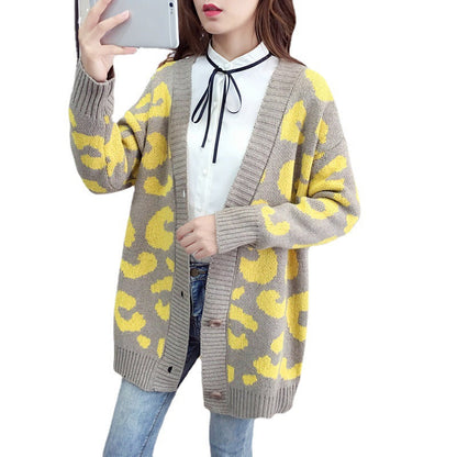 Damen Strickcardigan Leopardenmuster Knöpfe Beige