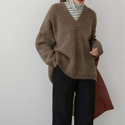 Damen Oversize Pullover V-Ausschnitt Kuschelfleece Beige - Norvielle