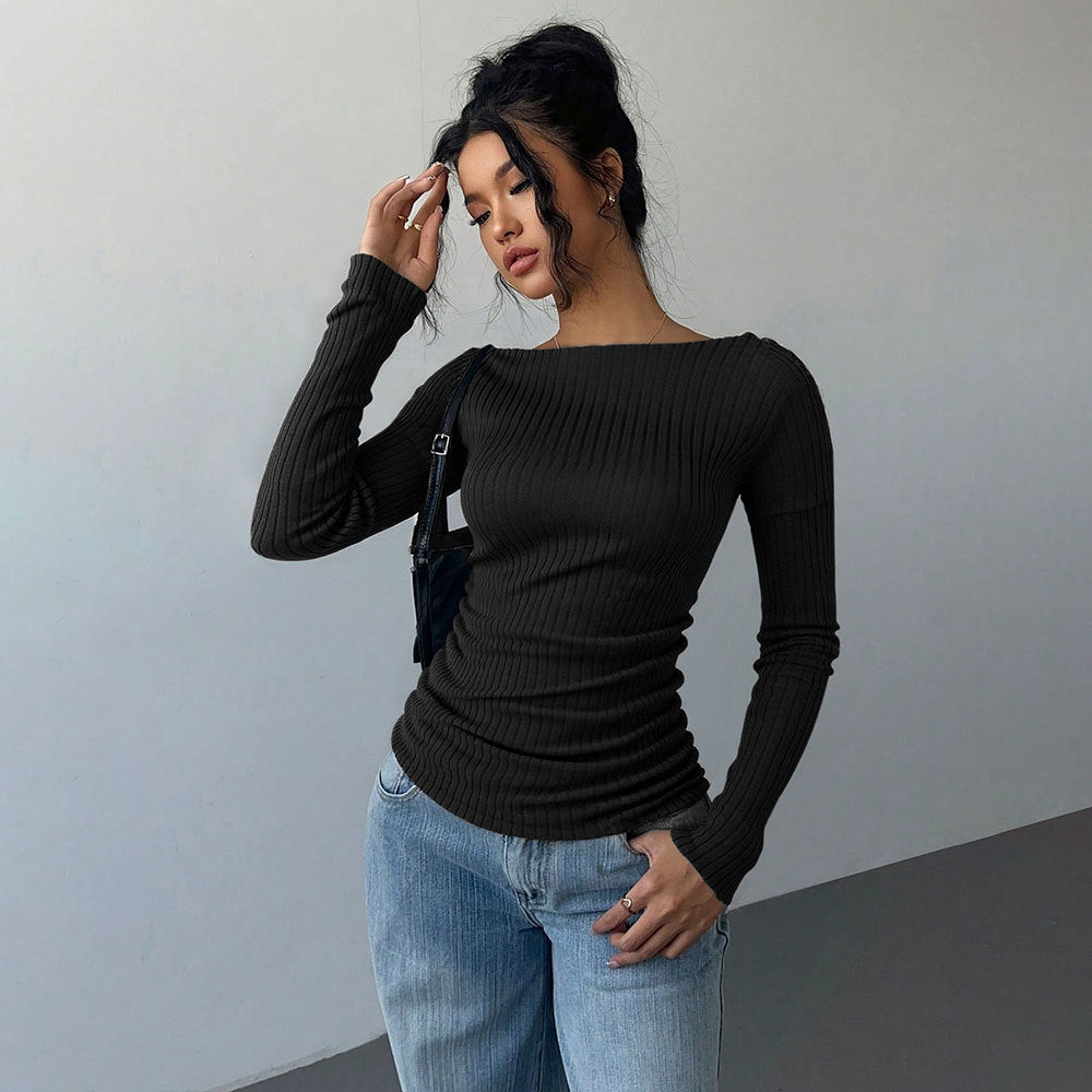 Damen Langarmshirt Schulterfrei Elegante Raffung Norvielle