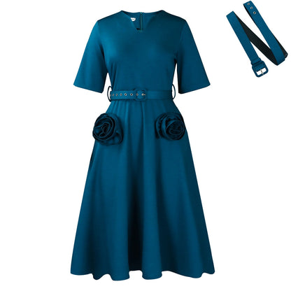 Damen Midi-Kleid mit Blumenapplikationen und Taillengürtel Norvielle