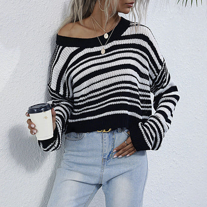 Damen Strickpullover Weit Modisches Streifenmuster Beige