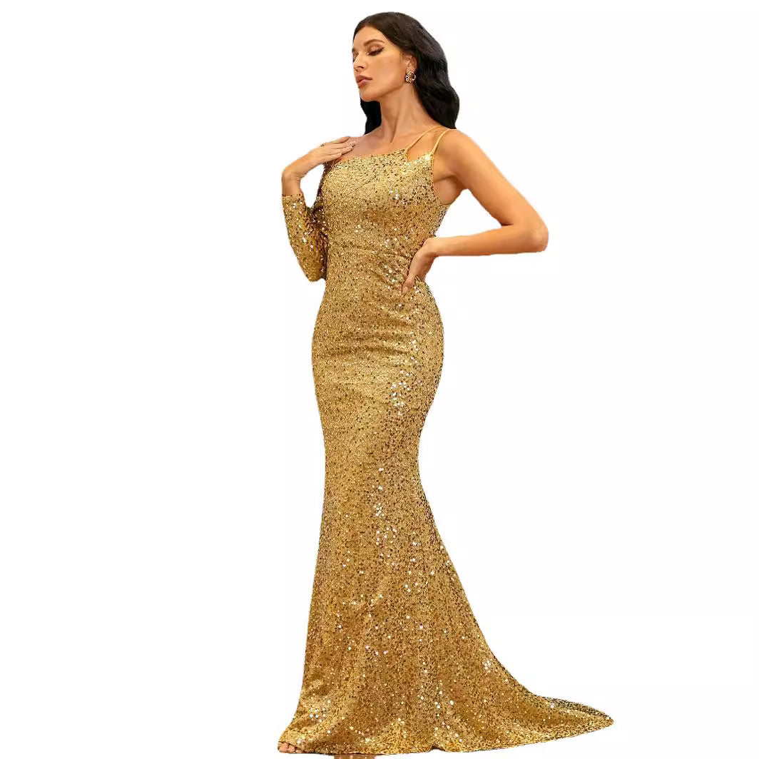 Damen Abendkleid Pailletten Asymmetrisch