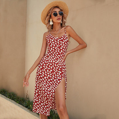 Damen Sommerkleid Florales Muster Mit Hohem Schlitz