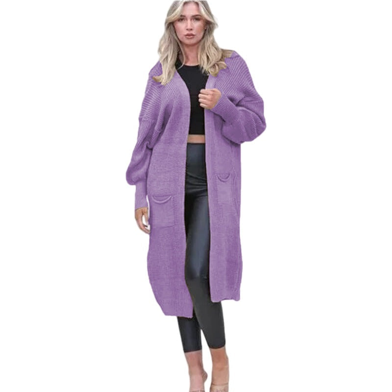 Damen Grobstrick Cardigan Offene Taschen Lässig Beige